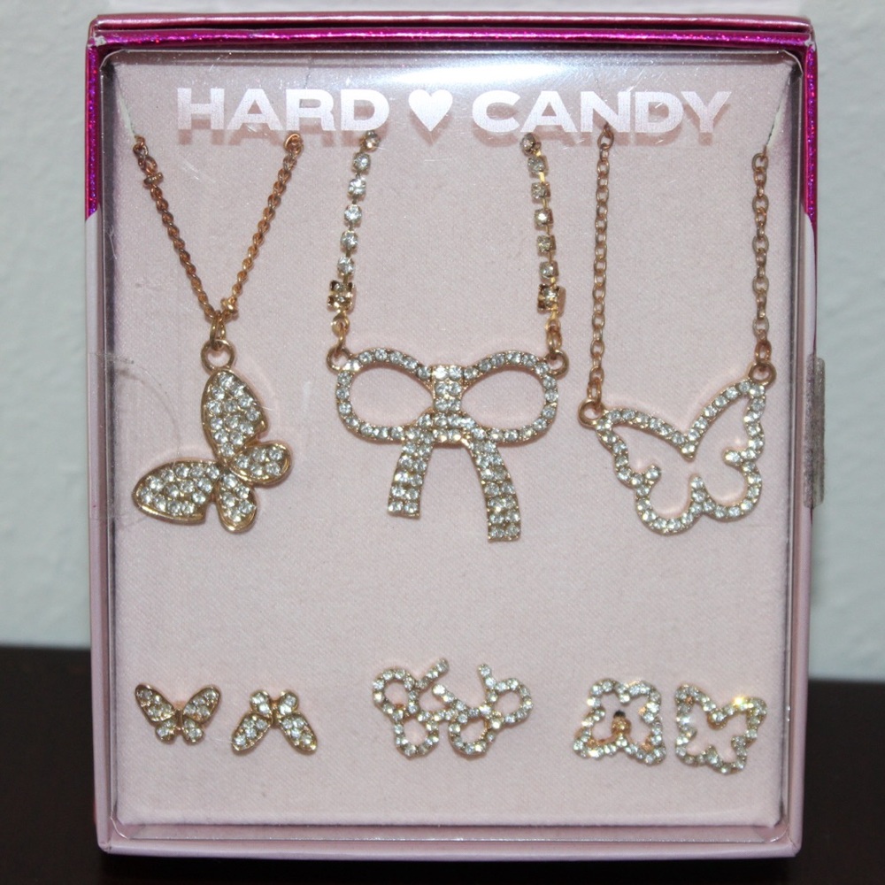 6 Piece Jewelry Gift Set Sparkly Necklaces & Earrings Butterfly Bow Gold Tone